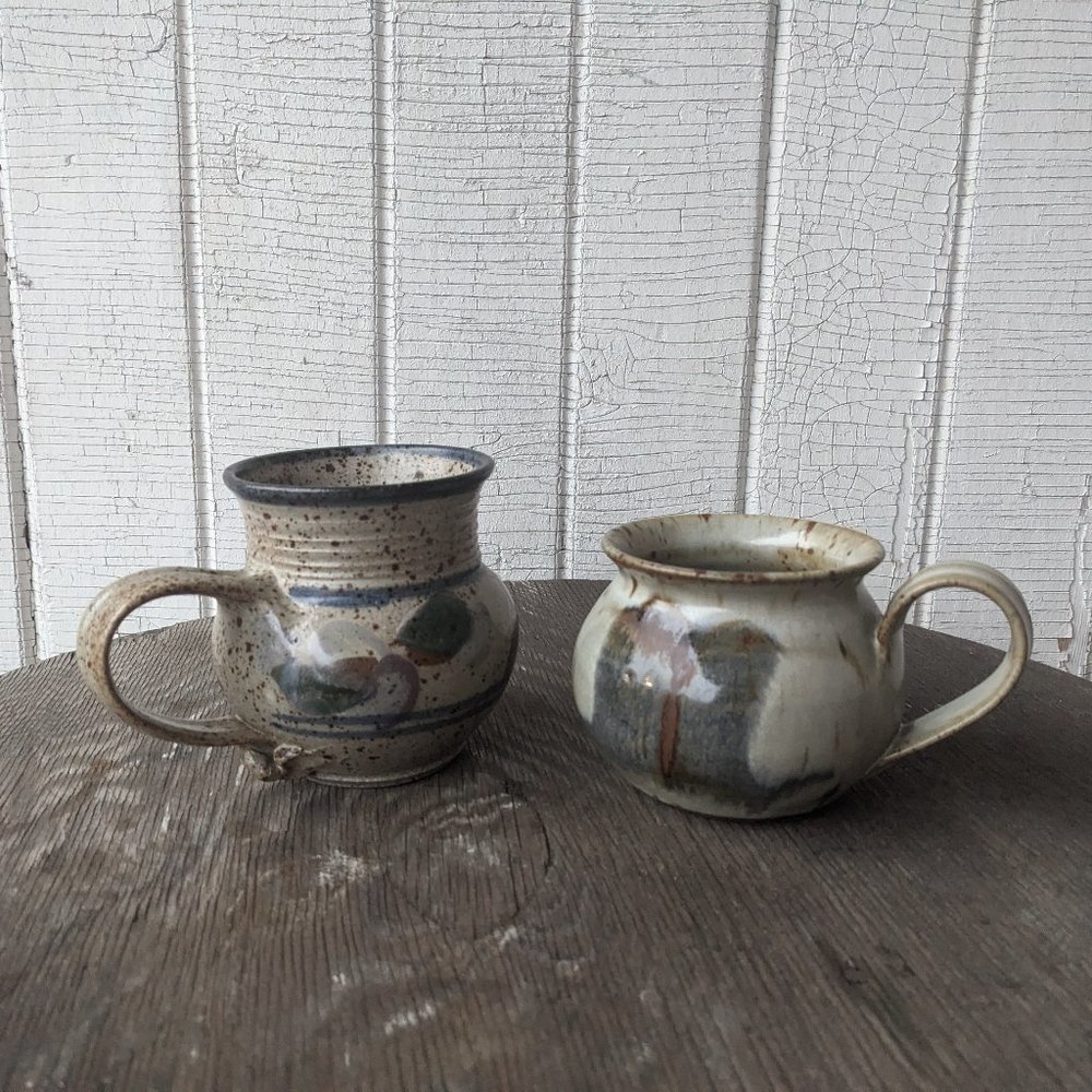 Two Handmade Ceramic Mugs Grey and Blue